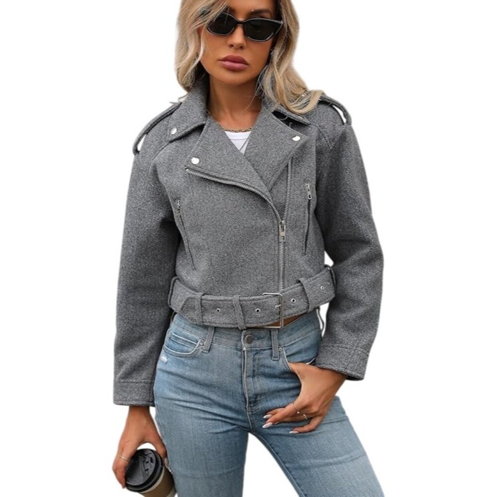 Cropped Woolen Moto Coat Bomber Biker Jacket Medium Grey Belt Zipper Pockets NEW